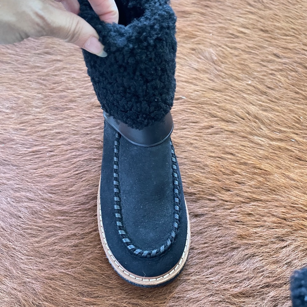 Coach Moto Shearling Women Winter Boots Turn Lock Harness Black Suede Size 5 New - Picture 10 of 12